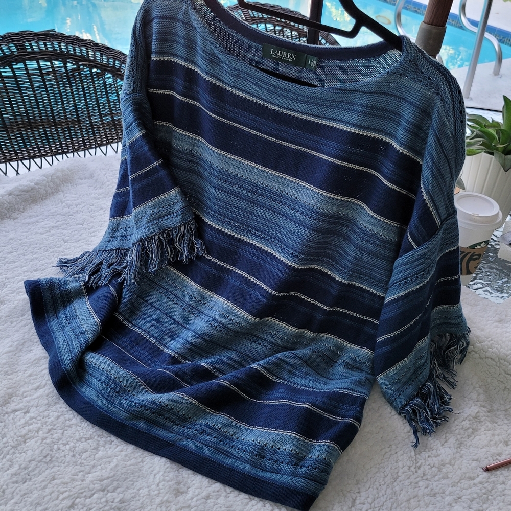 Fringed Lauren Cotton Sweater Sz Large - Picture 6 of 12